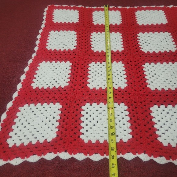 Crochet Lap Blanket Afghan Geometric Square Red White Throw Approx. 60in… - Picture 6 of 6